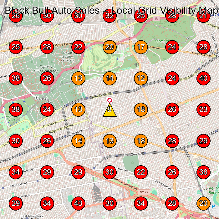 Black Bull Auto Sales GeoGrid visibility map for Used Car Dealer in Queens
